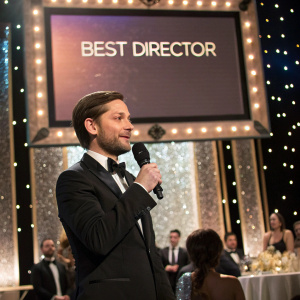 Tobey Maguire holding a microphone at a glitzy awards ceremony. Large screen displaying 'Best Director' behind him.