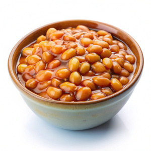 Baked beans on white background
