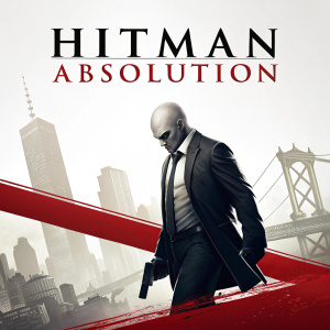 Promotional poster for Hitman Absolution. The title 'Hitman Absolution' in bold sans-serif font. Predominantly white with a bold red line underneath the text.