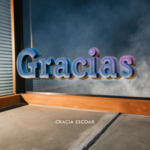 A surreal scene where the word 'Gracias' floats in a mesmerizing font of blue and purple, a spellbinding gradient. Below it, the name 'Cracia Escobar' glimmers subtly, paired with a simple emblem. The setting is an ethereal blend of contemporary magic and mystical typography.