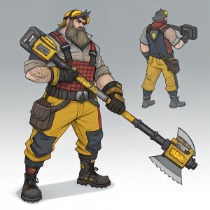 Digital concept art illustration featuring Torbjörn, a rugged lumberjack character from Overwatch. Wielding a unique tool blending industrial and lumberjack aesthetics, in shades of yellow, gray, and black. Various angles showcase the weapon from front, side, and back views.