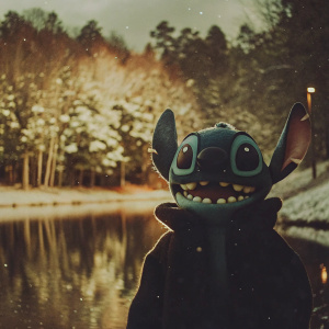 3D render of Stitch, character from Lilo & Stitch. Smiling in a snowy landscape, trademark of Walt Disney Company.