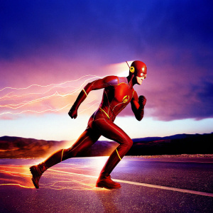 High-definition image of The Flash. Running pose, speed lines and fiery backdrop.