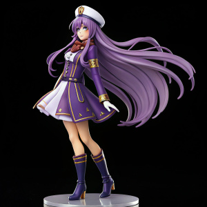 A detailed figurine of Sion Eltnam Atlasia from the Melty Blood series. She stands gracefully with long purple hair and a youthful, elegant appearance. Purple outfit adorned with gold accents. White hat, stockings, and boots. Against a sleek black background.