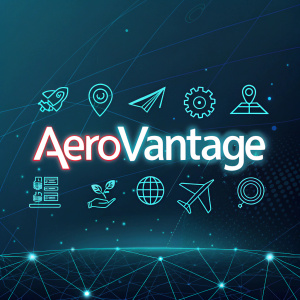 Aerovantage's logo, featuring sleek, futuristic design with geometric shapes and digital iconography. Contemporary font style.