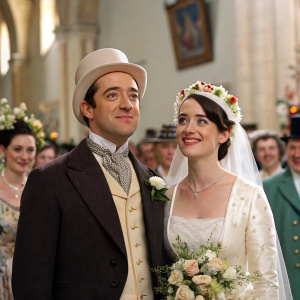 Matthew Macfadyen and Michelle Ryan in a lavish wedding scene from 'Mr. Bean's Wedding'. Traditional attire, surrounded by quirky guests.