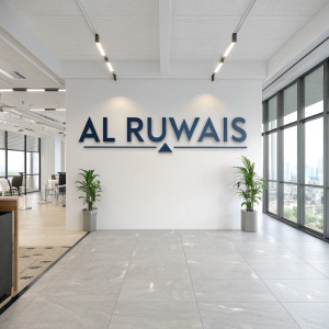 Al Ruwais, rebranded with sleek and modern logo. Corporate office setting, clean white walls, simple design