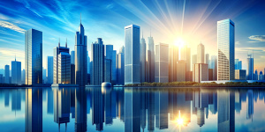 Picture of modern skyscrapers of a smart city, futuristic financial district with buildings and reflections , blue color background for corporate and business template with warm sun rays of light