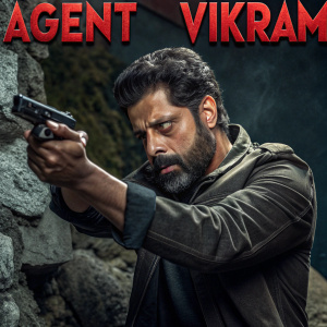 Actor Vikram in intense action pose for 'Agent Vikram'. Holding gun, serious expression. Dark, textured background with rugged stones. Movie title 'Agent Vikram' in bold red text.