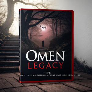 DVD cover showcasing 'The Omen Legacy'. Dark background with red accent. Title and synopsis detailing eerie tales and supernatural thrills.