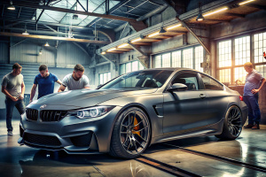 high quality, 8K Ultra HD, close-up of a BMW M4, tuning, exterior modifications, wheels, gradient color and carbon, with people working on and around it