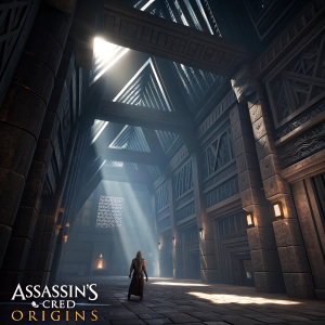 High-tech, dark toned, labyrinthine structure from Assassin's Creed Origins. Angular geometric shapes, dramatic lighting, rays of light piercing through the architecture, casting deep shadows. Assassin's Creed logo prominently displayed.