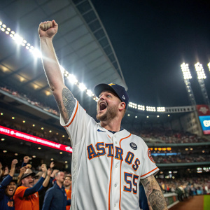 Ryan Pressly, wearing a Houston Astros jersey, celebrating victory. Stadium lights illuminate the scene. Cheers from the crowd