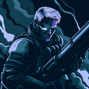 Digital art of Soldier 76. Caucasian male, short white hair, determined face. Wearing futuristic combat gear. Holding large weapon. Vibrant colors, dynamic shapes, abstract background.