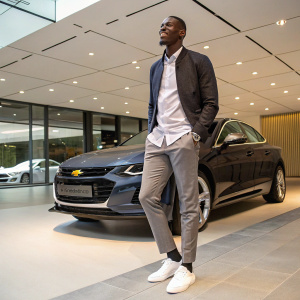 Paul Pogba, standing in a luxury car showroom. Chevrolet car in the background. Pogba is dressed in a smart casual outfit.