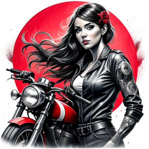 motorcycle bikergirl tattoo design - perfect realistic art - high-definition - grey and black - white background 