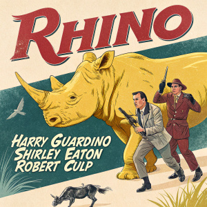 Movie poster for 'Rhino', featuring a large yellow rhinoceros. Actors Harry Guardino, Shirley Eaton, and Robert Culp in dynamic action scenes. Retro MGM style.