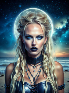 Pamela Anderson,hot,nordic blonde,barb wire pam anderson,slavic blonde,cj parker baywatch,black lipstick,blue growing eyes,beautiful blonde full length,goddess,love,darkness,power,hate,evil,goddess of moon,witch,night sky,total moon eclipse, moon symbol,stars,nebula,cosmic,halo,nimbus,Dark fantasy,malibu beach at night,caribbean beach,summer night,hot summer,blonde long hair viking braids braided hair,dark blue moon,realistic,night miami beach,GTA V style Stunning Illustrations