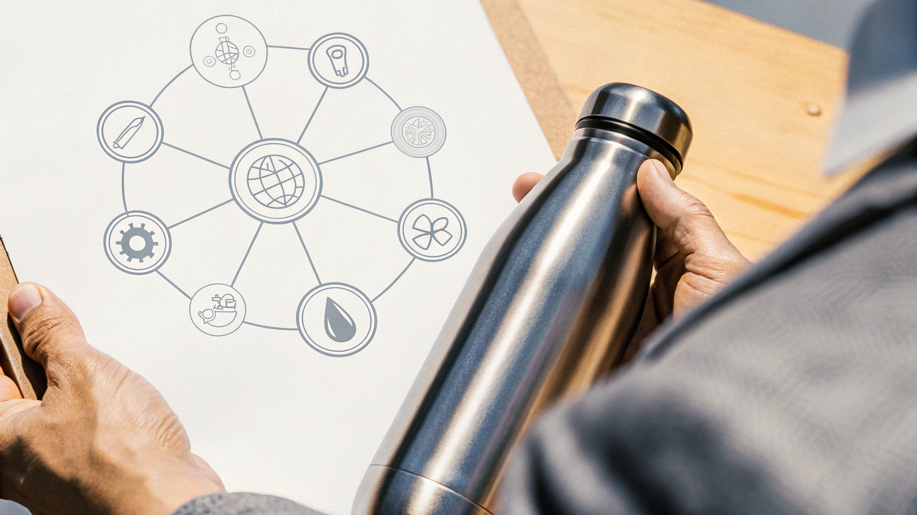  Businessperson analyzing interconnected paths leading to a stainless steel water bottle, with icons for problem-solving, compliance, and reliability.