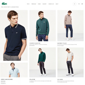 Website screenshot showcasing Lacoste's men's clothing collection. Grid layout with polo shirts, sweaters, and casual shirts modeled by men in a sleek, modern studio setting.