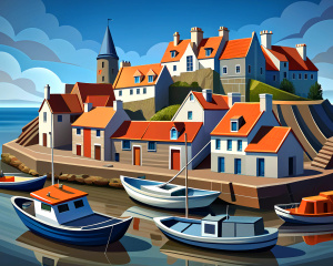 St Monans harbour in Fife with boats,style of Mandy Budan,acrylic painting,wide angle