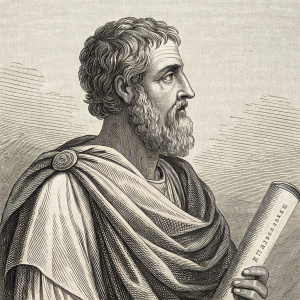 Woodcut engraving depicting Aristophanes, Greek playwright, circa 5th century BC. Black and white. Traditional engraving techniques showcased.