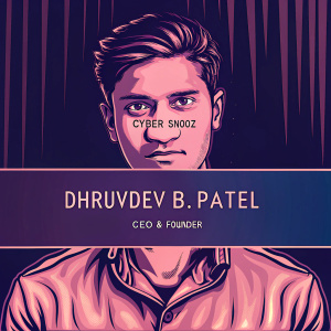Business Card for Dhruvdev B. Patel. CEO & Founder of Cyber Snooz. Modern design with crisp text and contact info. Clean layout featuring company logo and Dhruvdev's professional portrait.