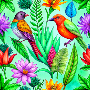 exotic orange craft paper with  purple -red  exotic fantastic birds   and  yellow exotic flowers  and white  wild flowers ,flame  sweet paes, red  artichokes ,gladiolus 