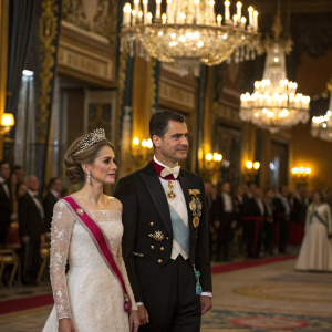 Formal event featuring Enrique Pena Nieto and Angelica Rivera. Prince Felipe and Princess Letizia attend. Grand ballroom setting