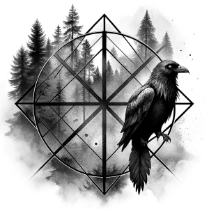 vegvisir runes geometric symbol - raven and trees - tattoo design - perfect realistic art - high-definition - grey and black - white background 