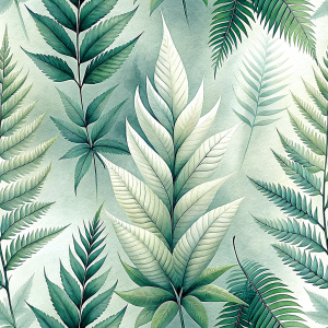 white and clears backgraunds.ferns and sparsely placed tropical leaves.only
 . laying repeat