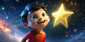 Cielo nocturno, estrellas. Un niño pequeño, ojos verdes, pelo negro, remera roja volando por el cielo junto a una estrella muy brillante y sonriente. Disney Pixar 3D