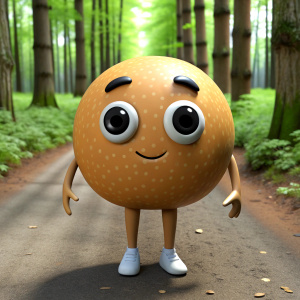 Round bread with eyes, arms and legs walks along a path in the forest