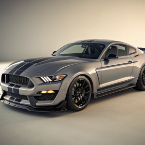Advanced digital 3D model of Ford Mustang Shelby GT350. Gray metallic paint, sleek design. Neutral background. Soft lighting