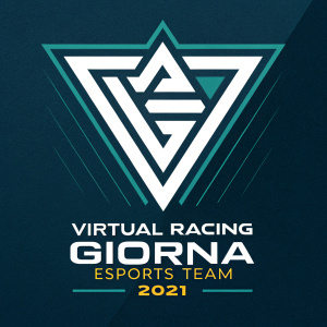 Modern graphic design for Virtual Racing Giorna eSports Team. Year 2021. Dynamic logo with geometric shapes. Text below highlights project details and timeline. Dark background
