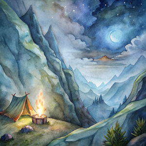 epic fantasy, medieval campfire and tent on a mountain cliff side at night