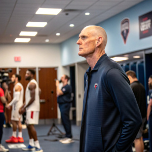 Rick Carlisle, basketball coach, stands at a press conference. He is bald and has a serious expression. The background is a busy locker room.