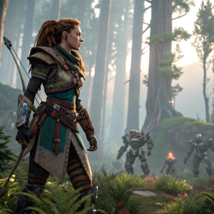 3D digital art of Aloy, the protagonist from Horizon Zero Dawn, standing alone in a futuristic forest filled with robotic creatures.