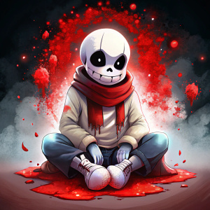 Sans Undertale but wearing a red and long scarf.  There's a blood stain on his dress. He sits hopelessly in a white void. He wears a white outfit, black shorts and white slippers. One of his eyes melted. unsmiling and unhappy. A white heart-shaped and flying spirit appears in front of his body. Your soul has no color. There is no blood anywhere except his clothing.