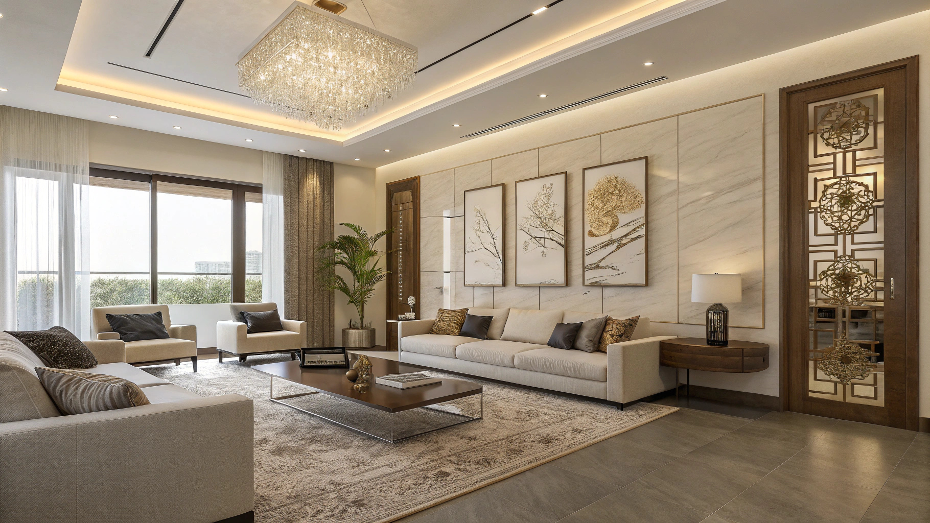 Modern spacious living room with a large wall displaying perfectly scaled artwork, vertical and horizontal framed pieces arranged in a balanced composition, soft natural lighting, neutral elegant interior design, contemporary furniture, minimalist décor, showcasing concepts of scale, proportion, and curated wall art selection, editorial photography, warm tones, clean aesthetic —ar 16:9 —v 6.0