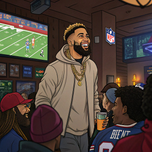 Cartoon illustration of Odell Beckham Jr. In a sports bar setting, casual attire, surrounded by cheering fans.