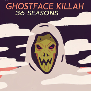 Promotional artwork for 'Ghostface Killah 36 Seasons'. A ghastly, green-hued visage with intricate, horrifying mouth details. Dark and eerie color scheme.