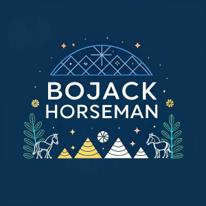 Promotional image for Bojack Horseman. Dark blue background with Bojack Horseman's name in white, bold font. Artwork has minimalistic, geometric design elements