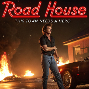 Movie poster for 'Road House' featuring Patrick Swayze amidst a fiery car crash scene.