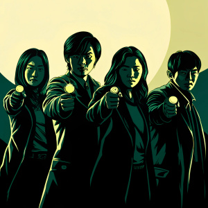 South Korean celebrities Cha Seung-Won, Yu Hae-Jin, Jang Keun-Suk, and Na Young-Suk posing with clenched fists. Brightly lit studio setting.