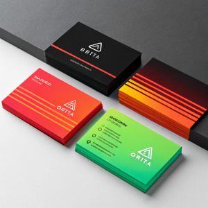 Colorful business cards for Orbita. Neon hues of red, orange, and green on a sleek, modern design. Professional photo