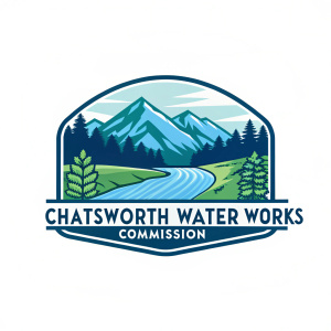 Logo design for Chatsworth Water Works Commission featuring a stylized landscape with mountains and a river, rendered in blue and green hues. Clear, legible text 'Chatsworth Water Works Commission' beneath the image, emphasizing water management and environmental stewardship.