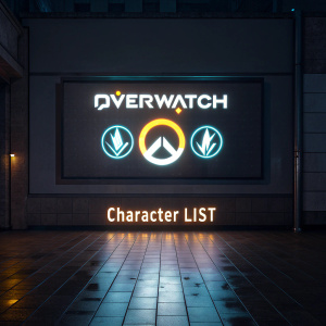 Overwatch logo glowing in the dark, surrounded by the 'Character List' banner. Heroes lineup displayed on the screen