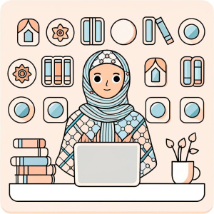 student with hijab on the white backgrounda and she is study with her pc and no face