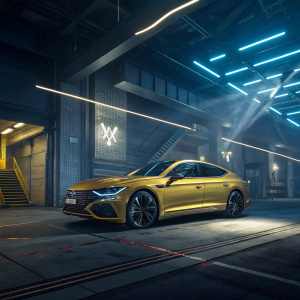 The sleek yellow Volkswagen Arteon R-Line parked in a futuristic garage. Neon lights casting dynamic shadows, highlighting the car's modern design. Detailed illustration